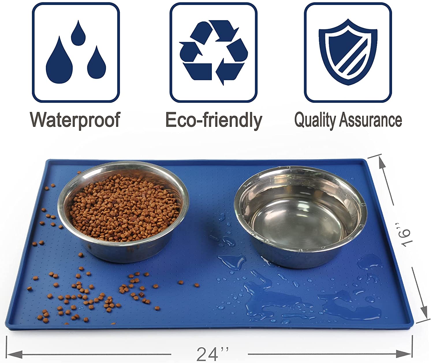 Kindga Pet Food Mat Waterproof Dog Mat XL (24x16) – 0.5 inch Raised Edge, Dog Cat Silicone Feeding Placemat Water Bowl Tray for Floors, Nonslip Washable Dog Mat for Food and Water