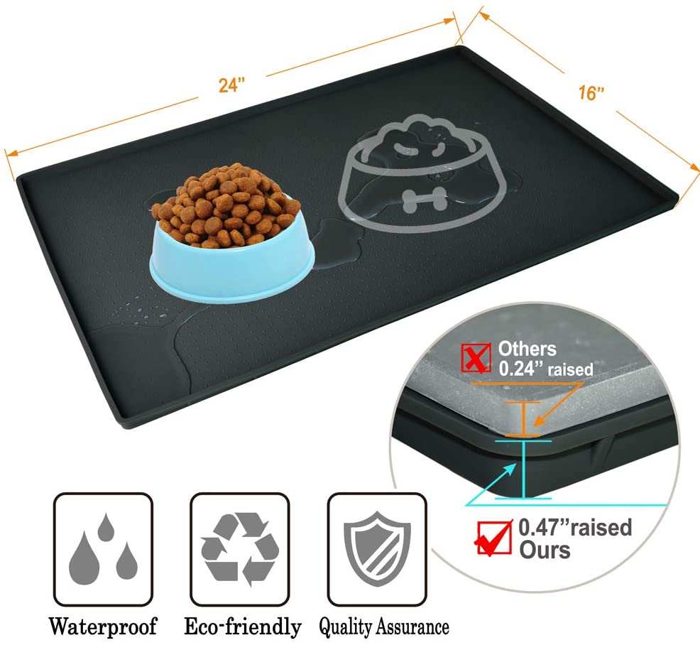 Kindga Pet Food Mat Waterproof Dog Mat XL (24x16) – 0.5 inch Raised Edge, Dog Cat Silicone Feeding Placemat Water Bowl Tray for Floors, Nonslip Washable Dog Mat for Food and Water